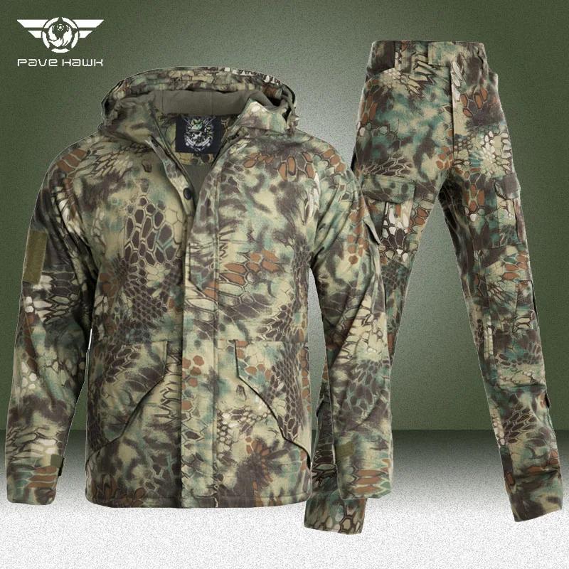 남성용 카모 전술 세트, 상어 피부 소프트 쉘 방풍 방수 재킷, 겨울 플리스 육군 카고 바지, 2 종 세트